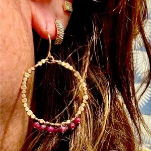 Elegant Gold Plated or Filled Hoop Drop Earrings with Garnet Fringe